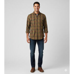 L. L. Bean Plaid Shirt Green Tan Purple 100% Cotton Long Sleeves Pocket L